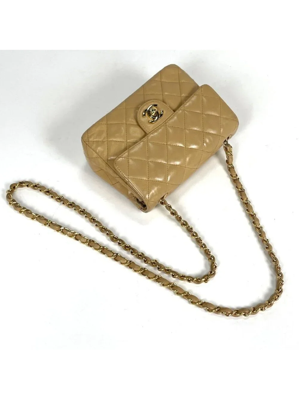 Chanel Mini Quilted Shoulder Bag CC Logo Single Flap Leather Beige